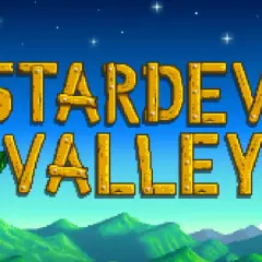 Napis "Stardew Valley" w stylu pixel art, z zielonymi listkami. Gra Stardew Valley po polsku wita Cię w swoim sielskim świecie.