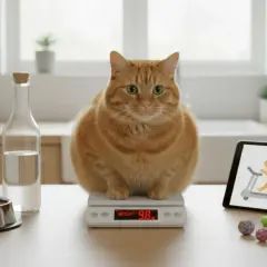 Gruby rudy kot na wadze, obok miska karmy i tablet z animacją biegnącego kota. Czas zacząć odchudzać kota!