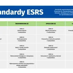 Tabela przedstawia standardy ESRS, kluczowe dla raportu ESG. Obejmuje kategorie środowiskowe, społeczne i ład korporacyjny.