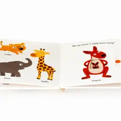 Ilustracje zwierząt: lew, słoń, żyrafa i kangurzyca z dzieckiem w torbie.
