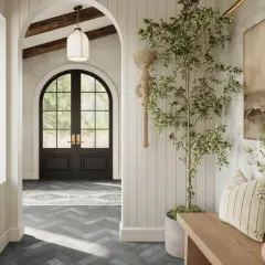 A bright, airy hallway with a dark arched doorway leading outside. A potted tree and bench add warmth to the space.