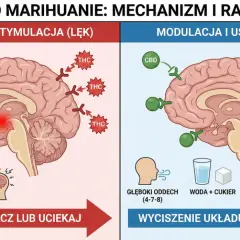 Ilustracja pokazuje mózg i wpływ THC (po paleniu marihuany) na ciało migdałowate, wywołując lęk. Po prawej CBD łagodzi objawy.
