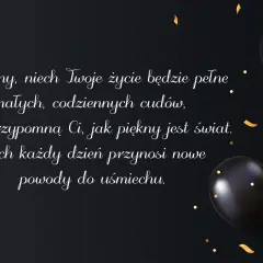 Czarno-złote balony i konfetti na ciemnym tle, z tekstem życzeń urodzinowych.