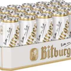 Kasten mit 24 Dosen Bitburger Pils. Der Alkoholgehalt ist auf den Dosen nicht direkt ersichtlich, aber es ist ein klassisches Pils.