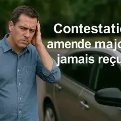 Un homme stressé, à côté de sa voiture, face à une "Contestation amende majorée jamais reçue".