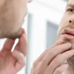 Mężczyzna z opryszczką na ustach zastanawia się, czy można iść do dentysty.