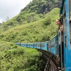 Eine junge Frau lehnt sich aus dem Fenster des blauen Zuges auf der legendären Zugfahrt von Kandy nach Ella.