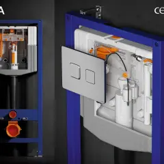 Schemat montażu geberitu Cersanit Aqua. Widok przekroju instalacji podtynkowej.