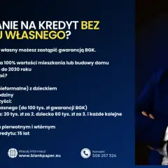 Mężczyzna w garniturze zachęca do skorzystania z kredytu rodzinnego na mieszkanie bez wkładu własnego. Program działa do 2030 roku.