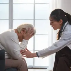 Lekarka pociesza starszego mężczyznę, który zmaga się z nerwicą.