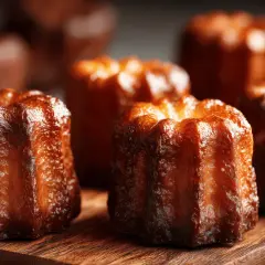Des mini cannelés dorés et caramélisés, prêts à être dégustés. Leur croûte craquante promet un cœur moelleux.