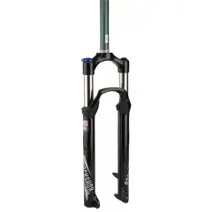 A RockShox Recon Silver RL review would highlight this black suspension fork, featuring silver RockShox branding and a blue lockout knob.