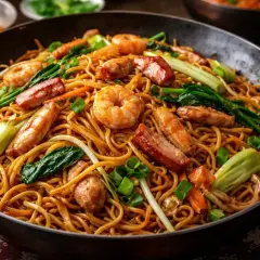 En stor portion chow mein med räkor, kött och grönsaker i en wok.