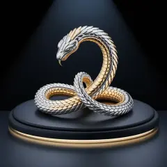 Sculpture d'un serpent en argent et or, enroulé sur lui-même, évoquant le serpent qui se mord la queue.