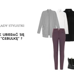 Stylistka podpowiada, jak stworzyć modny ubiór na cebulkę: szary kardigan, biały golf, czarny płaszcz, bordowe spodnie i botki.