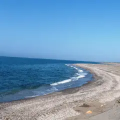 Mar azul y cielo despejado en **Punta Entinas**. La arena y las conchas forman una curva suave hacia el mar.
