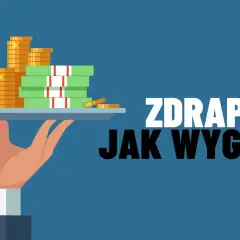 Dłoń podaje tacę z pieniędzmi i monetami. Napis "ZDRAPKI JAK WYGRAĆ?".