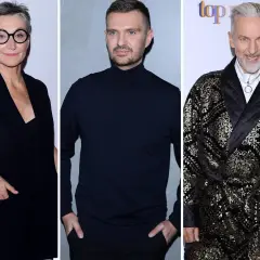 Trzech znanych projektantów mody Polska: elegancka kobieta w okularach, mężczyzna w czarnym golfie i ekstrawagancki juror w złocistym szlafroku.
