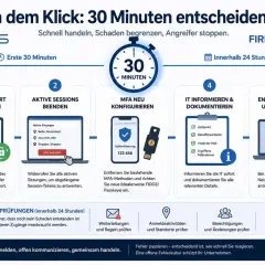Schritte nach einem Klick: Passwort ändern, Sessions beenden, MFA neu konfigurieren, IT informieren, Endgerät prüfen. Vorsicht vor **fake mail**!
