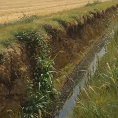 Wąski rów melioracyjny w granicy działki, z wodą i bujną roślinnością, oddziela pole zboża od łąki.