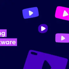 Best RTMP live streaming encoder software, with playful play buttons scattered across a dark purple background.