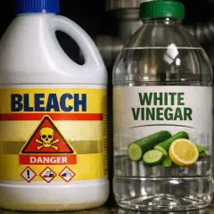 Bouteille de javel et de vinaigre blanc. Attention aux dangers de l'inhalation chlore symptômes.