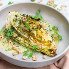 En saftig spetskål i ugn, täckt med en krämig sås, färska örter och rostade hasselnötter. En utsökt och enkel rätt.