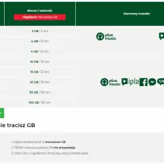 Tabela z ofertami doładowań na kartę: od 5 zł za 2 GB do 200 zł za 100 GB. GigaBank nie traci GB, a niewykorzystane GB nie przepadają.