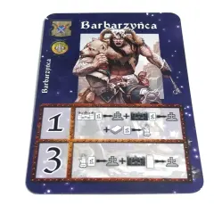 Karta postaci "Barbarzyńca" z gry planszowej. Potężny wojownik z wilkiem na ramieniu, gotowy do walki.