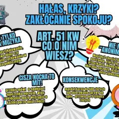 Plakat informuje o zakłócaniu spokoju, nie tylko głośną muzyką. Zgłoszenie wykroczenia drogowego nie musi być anonimowe.