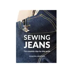 Close-up of a sewing machine stitching dark denim, with "SEWING JEANS" and "The complete step-by-step guide" text. A jeans template for DIY.