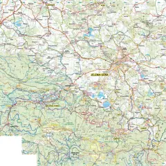 Mapa Gór Izerskich z zaznaczonymi trasami rowerowymi. Widoczne miejscowości: Jelenia Góra, Szklarska Poręba, Karpacz.