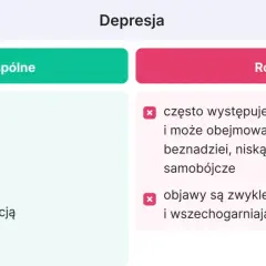 Porównanie objawów depresji i wypalenia zawodowego: zmęczenie, apatia, trudności z koncentracją, bezsenność. Depresja może prowadzić do myśli samobójczych.