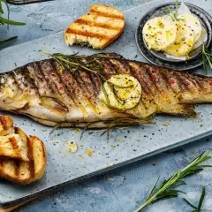 Perfekt gegrillte Forelle mit Rosmarin, Zitronenscheiben und geröstetem Brot. Ein Genuss für alle Sinne!