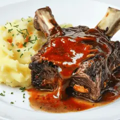 Costilla de ternera al horno, jugosa y cubierta de salsa, servida con puré de patatas cremoso y decorada con perejil fresco.