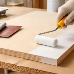 Main d'une personne avec un gant blanc appliquant de la peinture blanche sur une planche de contreplaqué avec un rouleau.