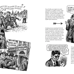 Franz Kafka, wstręt do siebie, antysemityzm. Ilustracja przedstawia sceny z życia i myśli Franza Kafki, ukazując jego złożone relacje z żydowskością i poczucie wyobcowania.