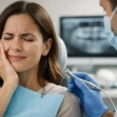 Mujer con expresión de dolor en la cara, sujetándose la mejilla. Un dentista con guantes azules sostiene una fresa dental. Podría ser dolor después de endodoncia.