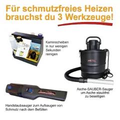 Drei Werkzeuge für sauberes Heizen: Asche-SAUBER-Sauger zur staubfreien Entsorgung, Handstaubsauger und Reinigungsset für Kaminscheiben.