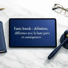 Sur une tablette, la "faute lourde : définition, différence avec la faute grave et conséquences". Un marteau de juge, un stylo et des lunettes complètent la scène, évoquant la négligence définition juridique.