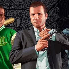 Trzech bohaterów GTA V: Franklin z kijem baseballowym, Michael z pistoletem i Trevor z zakrwawioną ręką. Szukasz kodów do GTA V Xbox?