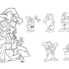 Blancanieves sentada junto a un pozo, rodeada de mariposas y los siete enanitos.