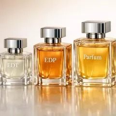 Trzy eleganckie flakony perfum: EDT, EDP i Parfum, prezentujące różne stężenia zapachu.