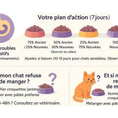 Un chat tigré regarde la caméra, à côté de deux bols de croquettes : "Anciennes" et "Nouvelles".