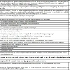 Tabela z przepisami ruchu drogowego. Widać tu kary za recydywę, punkty karne i mandaty za naruszenia przepisów, np. przez pieszych.