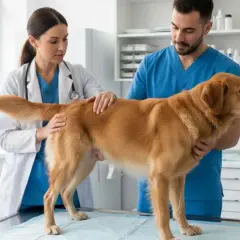 Veterinarios examinan a un perro con el ano irritado. Le ponen una crema para aliviarlo.