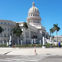 Majestatyczny Kapitol w Hawanie, otoczony palmami, pod błękitnym niebem. Spacerujący ludzie i klasyczna architektura tworzą obraz kubańskiego dnia.