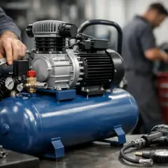 Ein Mann repariert einen blauen Kompressor 50 Liter. Daneben liegen Werkzeuge und ein Schlagschrauber.