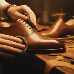 Mains polissant une chaussure en cuir marron, un savoir-faire artisanal pour cirer chaussures et leur redonner éclat.