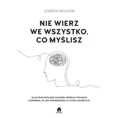 Joseph Nguyen. Grafika przedstawia głowę z plątaniną myśli w środku, symbolizującą defuzję poznawczą. Tytuł: "Nie wierz we wszystko, co myślisz".